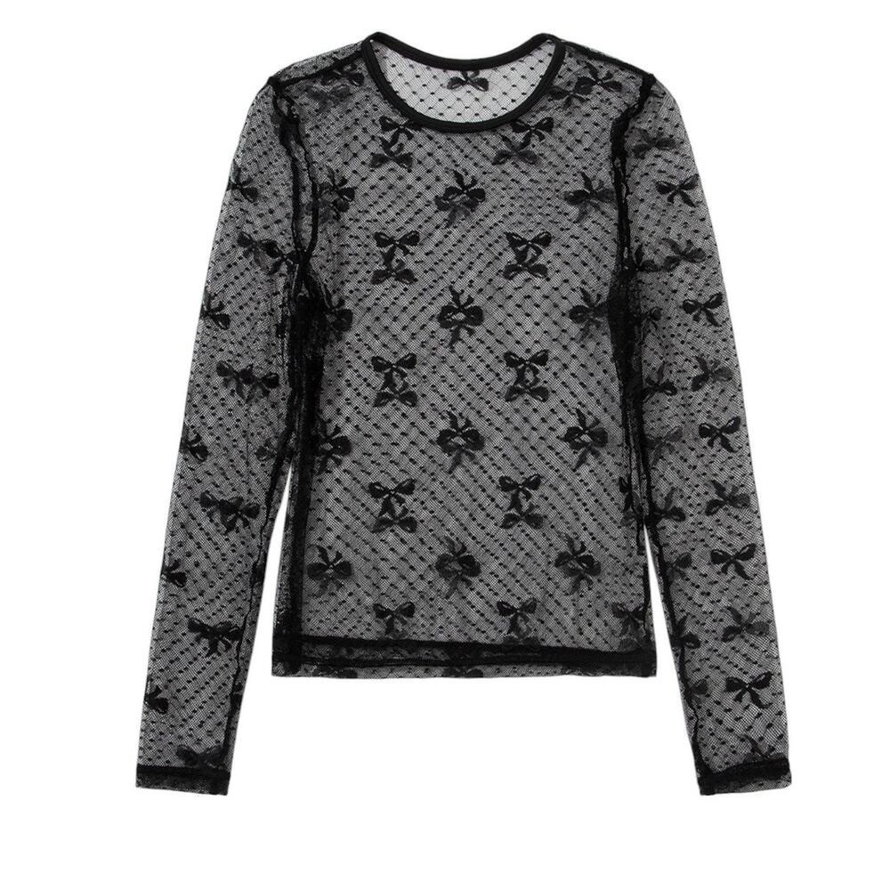 Black Bow Pattern Accent Mesh Long Sleeve Top New Size X-Large - Picture 3 of 8